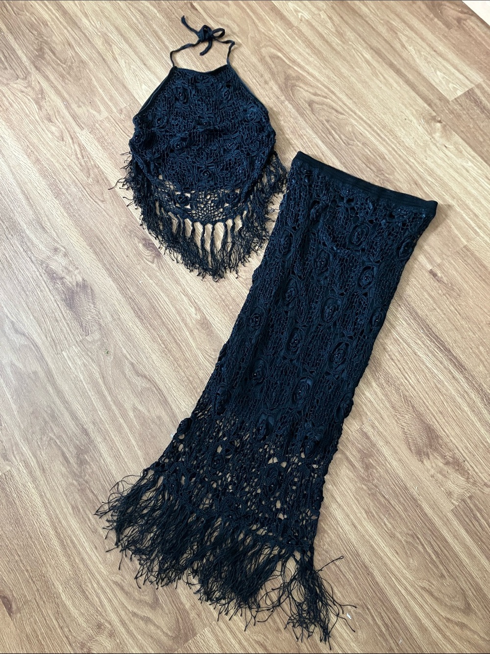 VTG Y2K bebe Moda Black Crochet Halter Top and Skirt Set, S